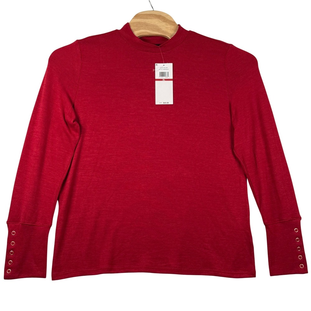 NWT Rafaella XL Mock Neck LS Top Rio Red Hacci Knit Grommet Cuff Holiday Festive